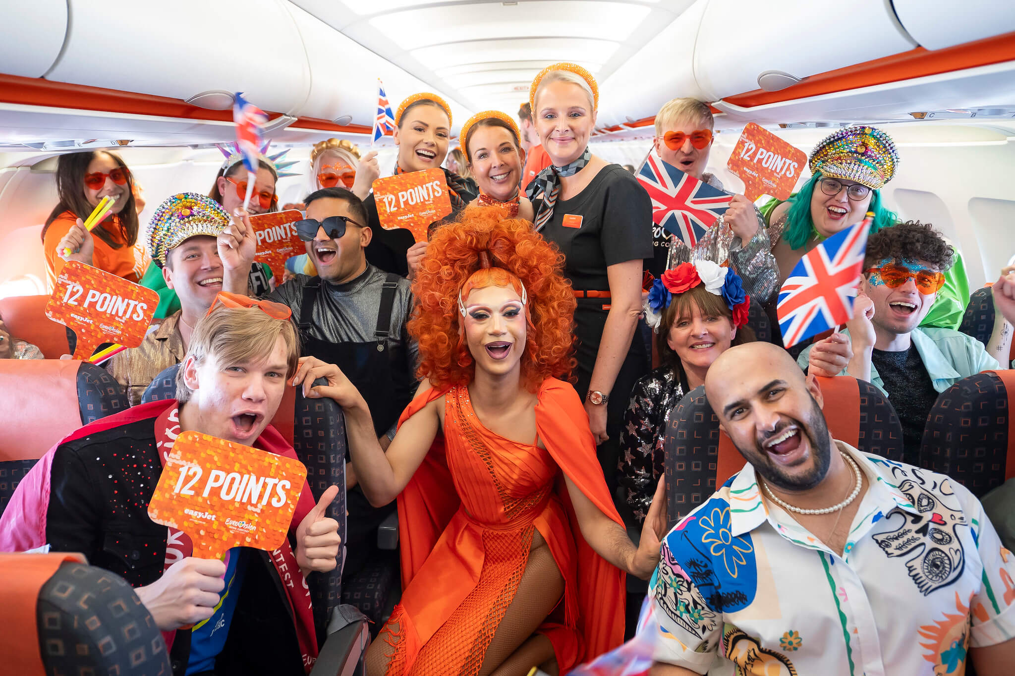 EasyJet and Eurovision team and fans on a plane, going to Eurovision.