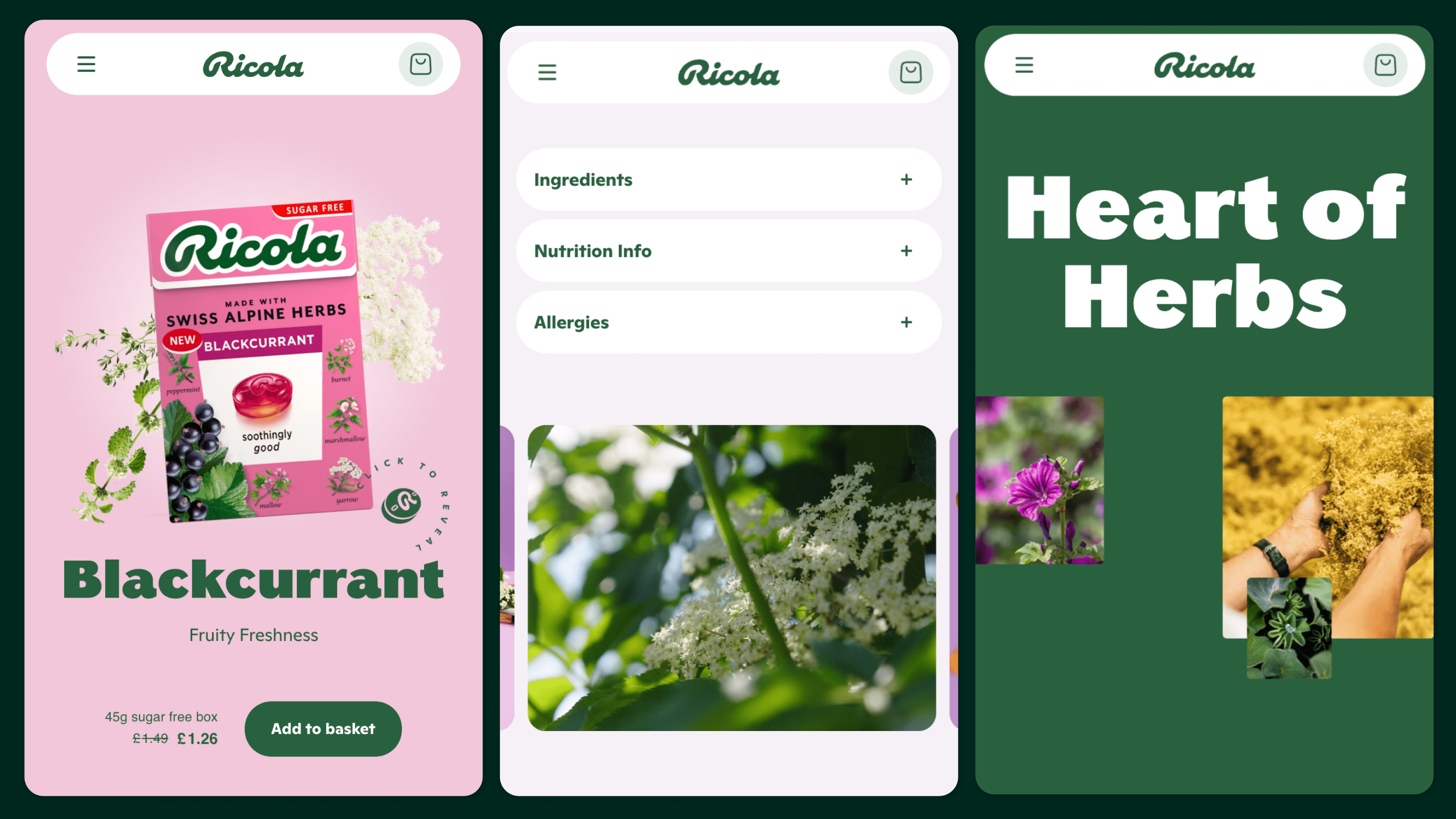 Screenshot from Ricola website with panels for the blackcurrant flavor, website menu, and text that reads Heart of Herbs.