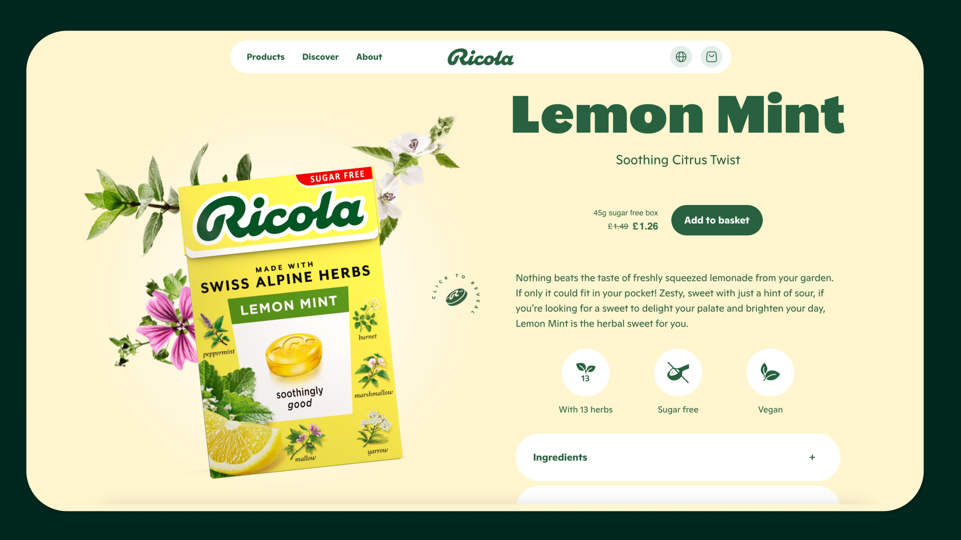 Screenshot from Ricola website featuring the product page for its Lemon Mint herbal drops.