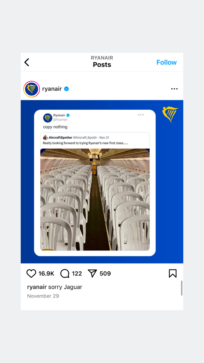 Screenshot of a meme on Ryanair's Instagram making fun of the brand's first-class offering by showing a plane full of plastic chairs.