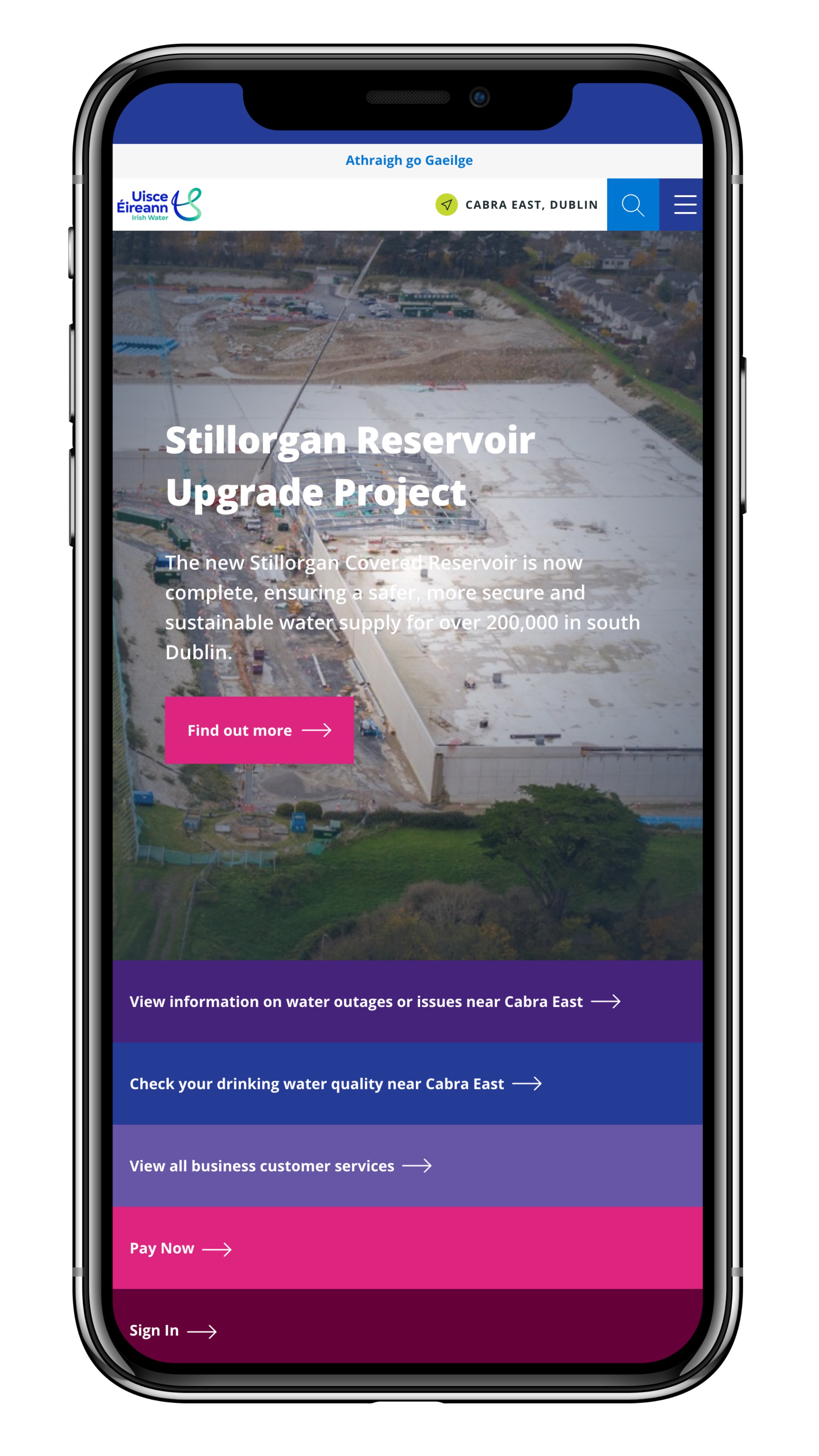 A mobile screenshot of the refreshed Uisce Eireann site.