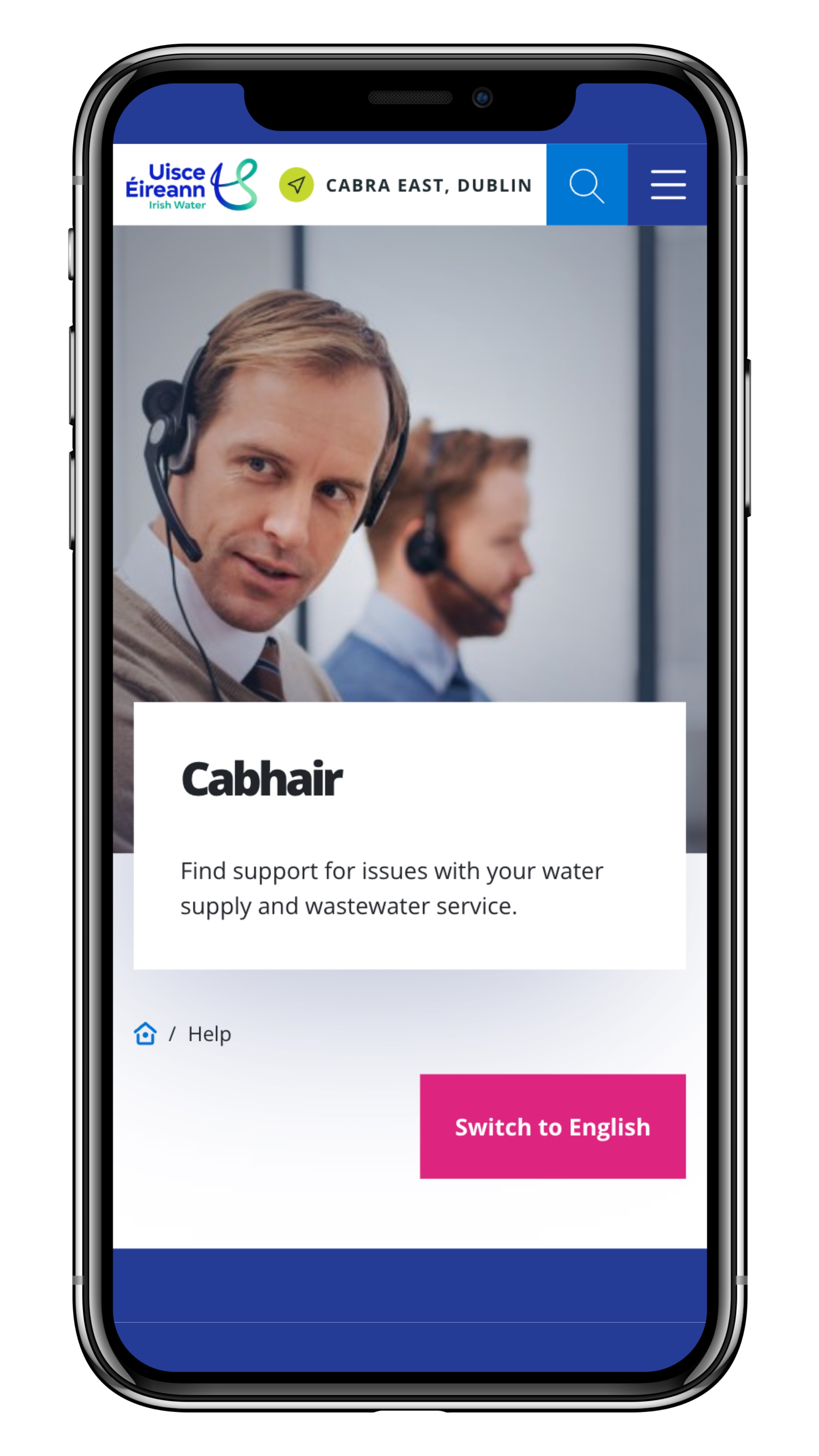 A mobile screenshot of the refreshed Uisce Eireann site.